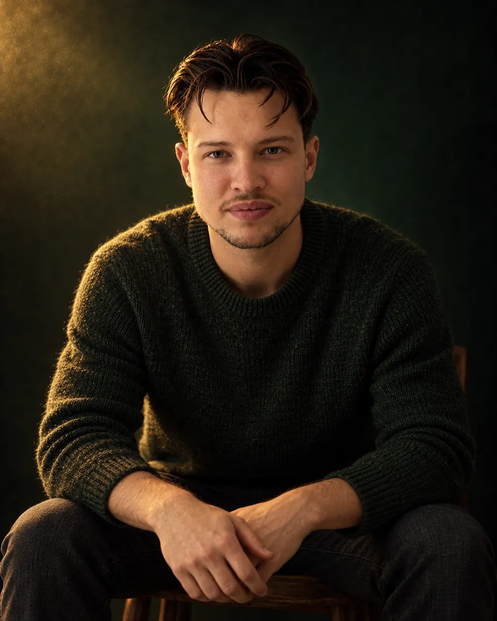 David Bořuta sedí, nakloněný dopředu, a poslouchá