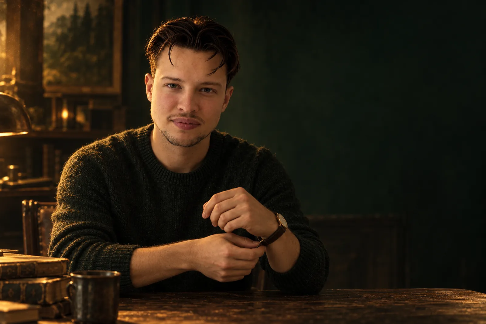 David si u starého stolu sundává hodinky